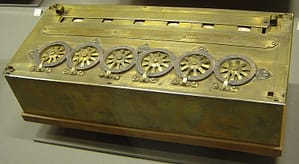 A photo of Blaise Pascal's Pascaline Wheel, usable as a limited calculator.