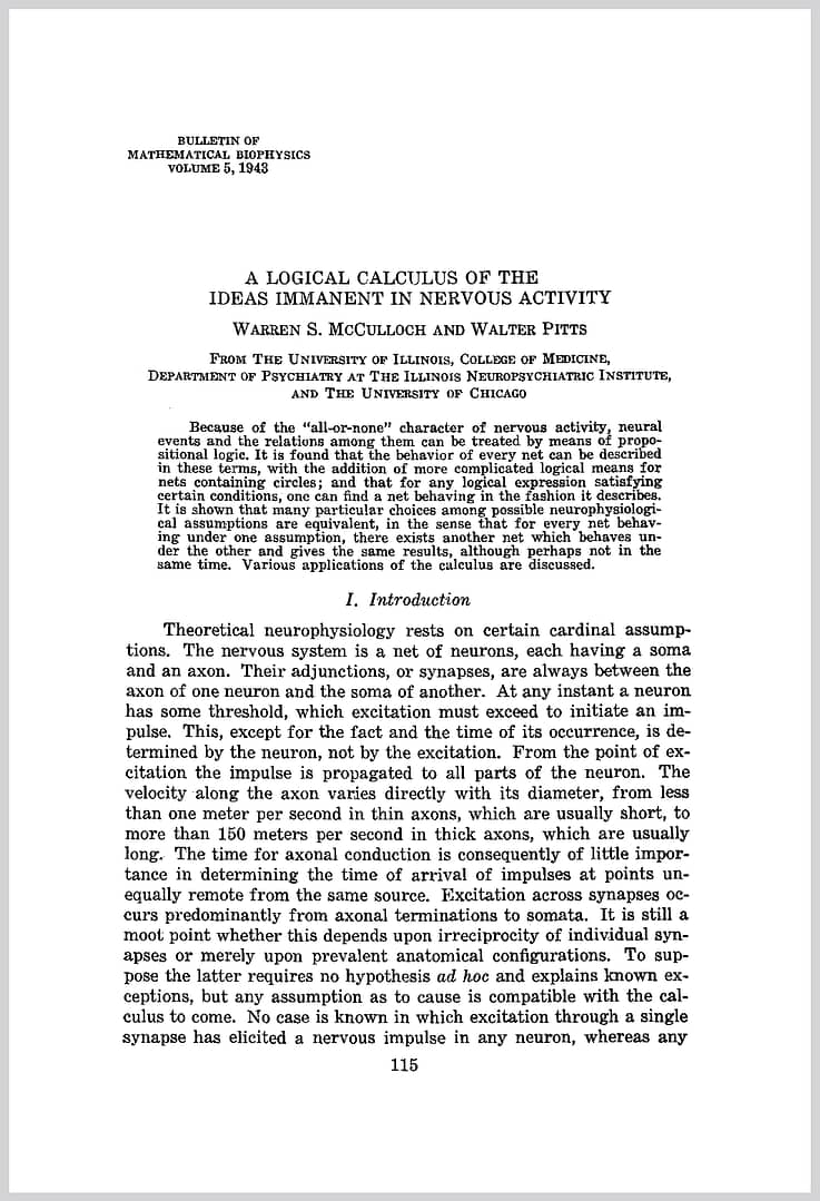 The front page of Warren McCulloch and Walter Pitts' seminal article on artificial neural networks and artificial intelligence. 