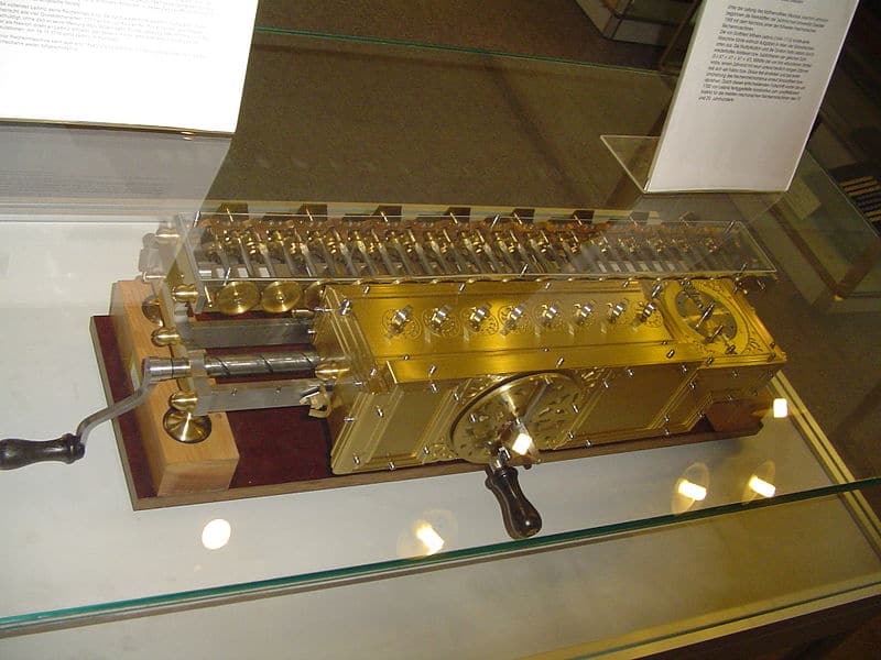 A photograph of Leibniz's stepped reckoner machine, a precursor to most mechanical calculators
